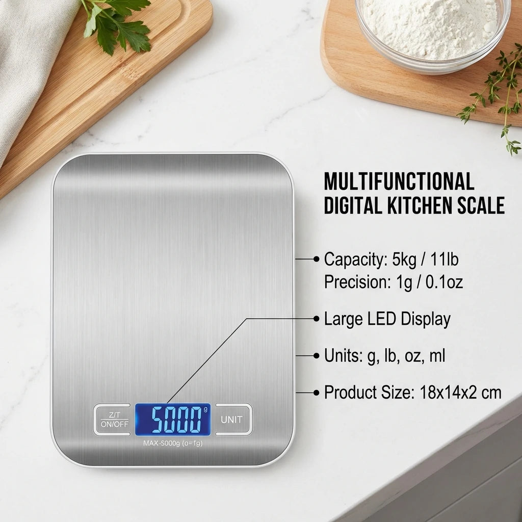 Digital Kitchen Scale with LED Display – 5kg Capacity, 1g Precision