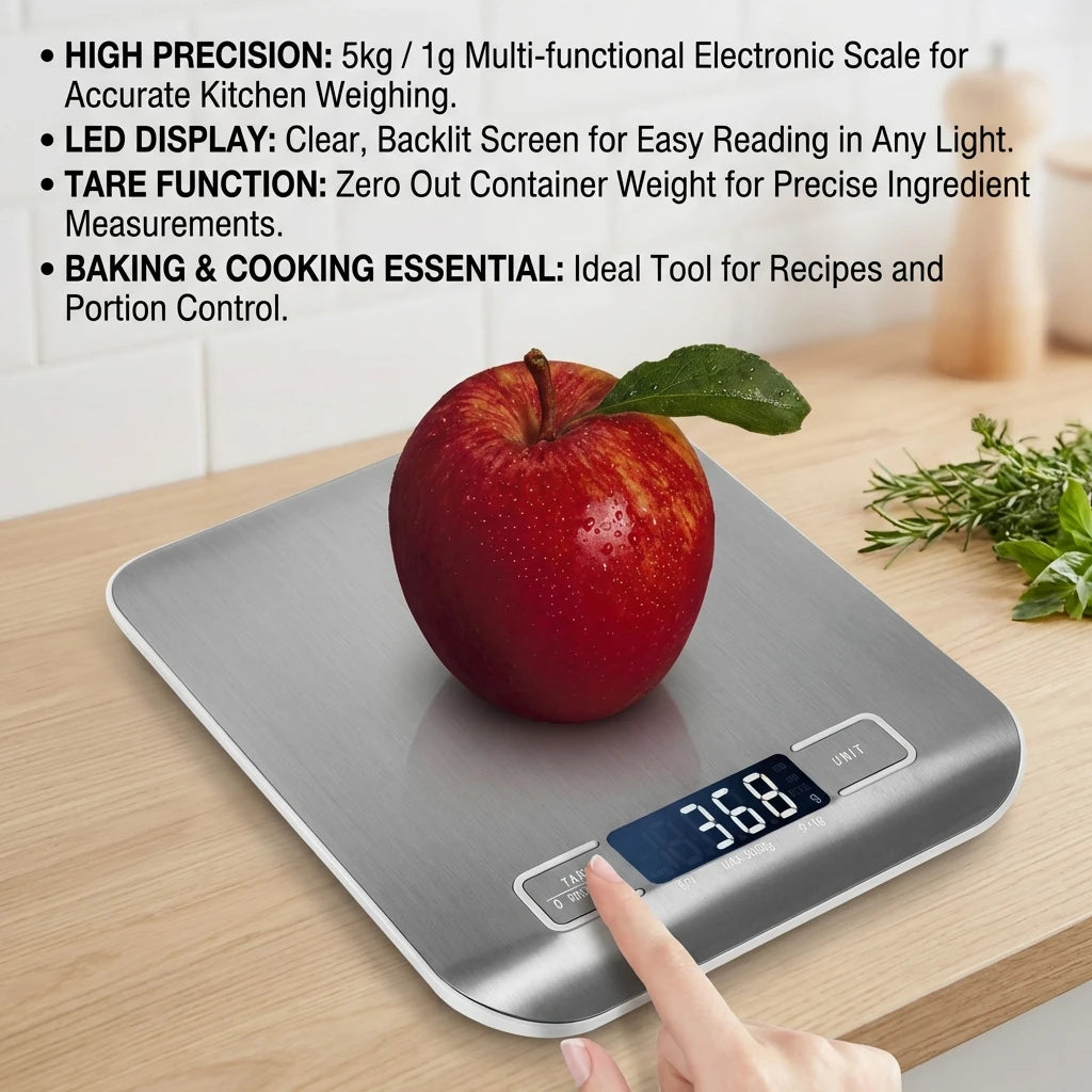 Digital Kitchen Scale with LED Display – 5kg Capacity, 1g Precision